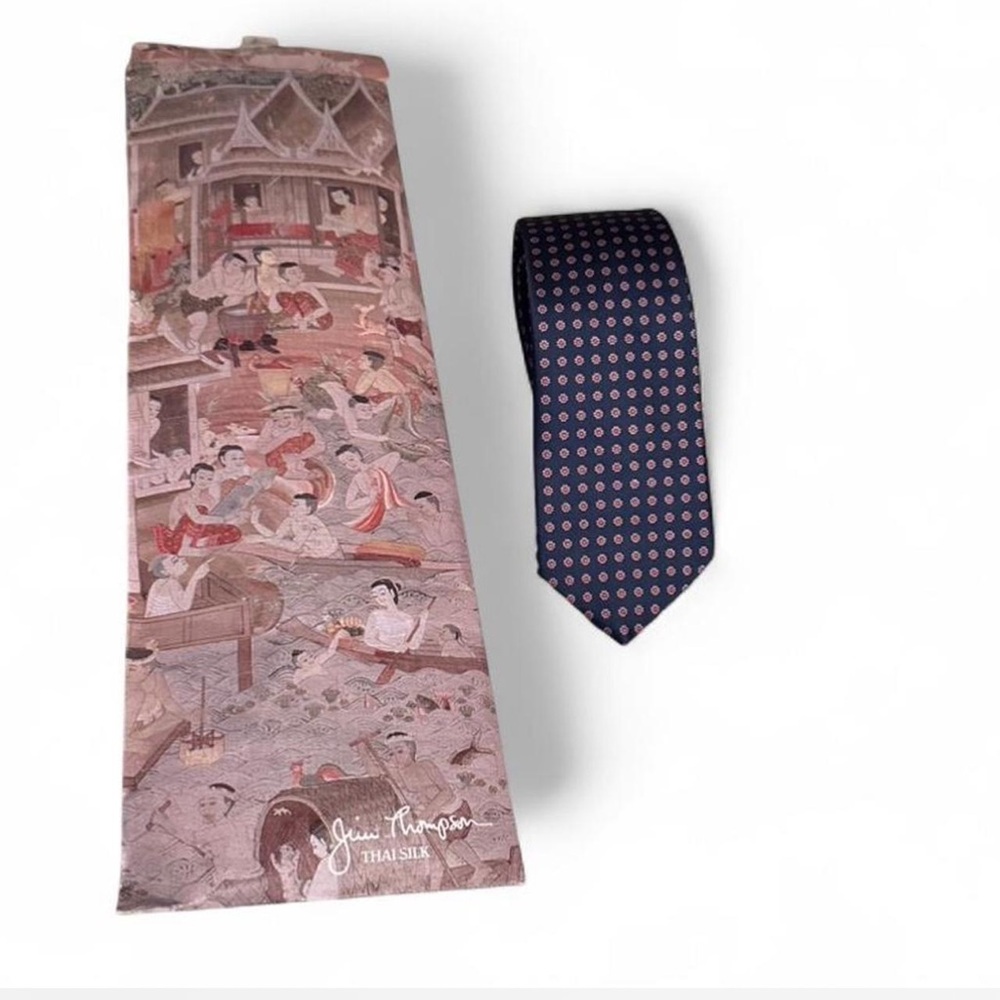 Vintage Navy Blue Necktie With Red Geometric Design Silk